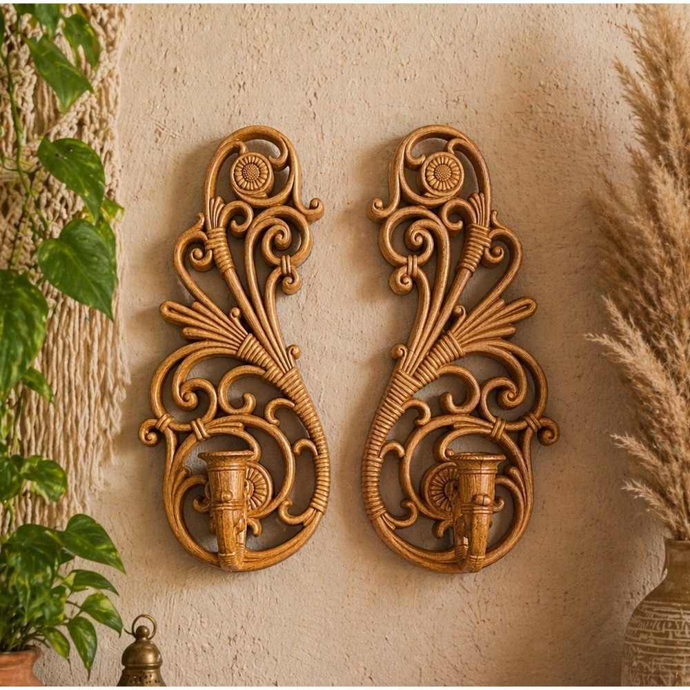 Vintage Set Syroco Wall Sconces 1970s Candle Holders 15" Boho Rattan Style